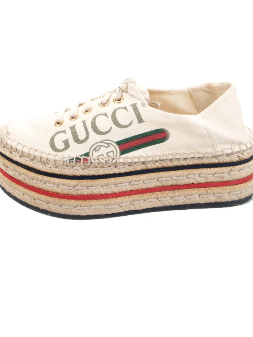 Gucci Cream Canvas Platform Espadrille with Green and Red Stripe
